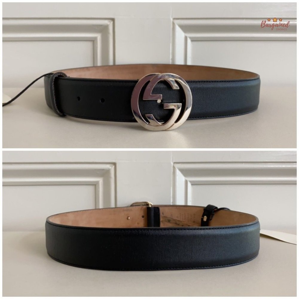 Authentic Gucci Black Calfskin Leather Silver Interlocking G Buckle Belt 75/30 - Picture 5 of 13